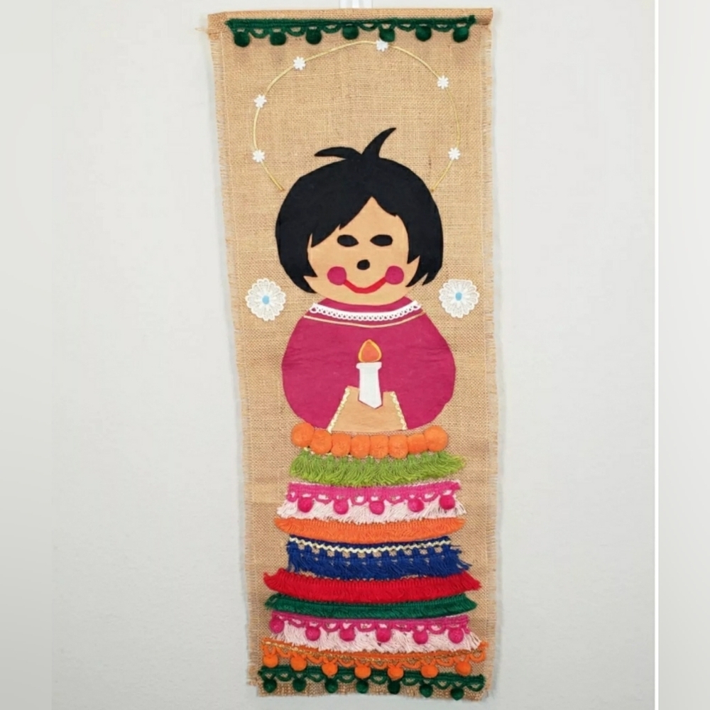 Vintage MCM Girl Pom Pom Skirt Handmade Felt Burlap Wall Banner Hanging